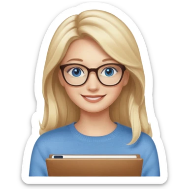 hyper realistic glamourous pale woman, Long blonde balayage hair, smiling, beige sweater, blue eyes and glasses sticker