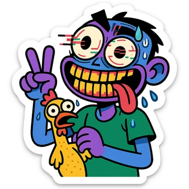 bulging eyes, unhinged grin, too many teeth, one eyeball twitching, tongue out sideways, sweating, glitching, peace sign, holding cursed rubber chicken sticker