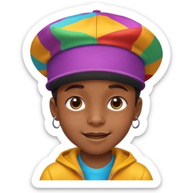 black kid with a colorful hiphop hat, happy face sticker