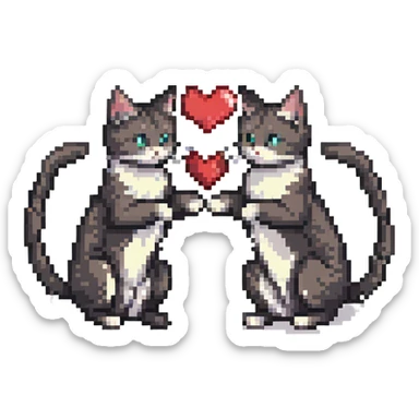 two cats in love sitting close with tails forming a heart, pixel art style sticker