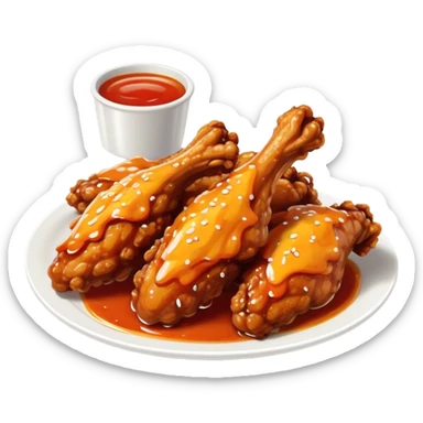Cinematic crispy chicken wings, golden-brown and glazed with spicy sauce, crunchy coating, juicy inside, piled high with dipping sauce on the side, ultra-realistic and mouthwatering, inviting and bold. sticker