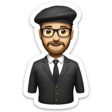 man, long brown beard, white skin, suit, brow shoes, glasses, beret hat sticker