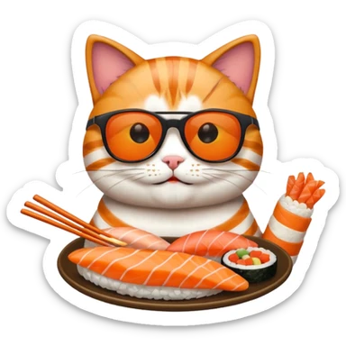 happy cat wearing sunglasses and eating sushi sticker