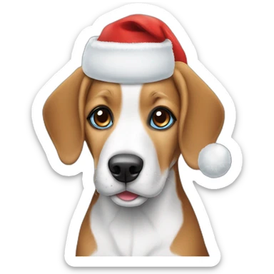 A cute beagle with very bright blue eyes wearing a santa hat sticker