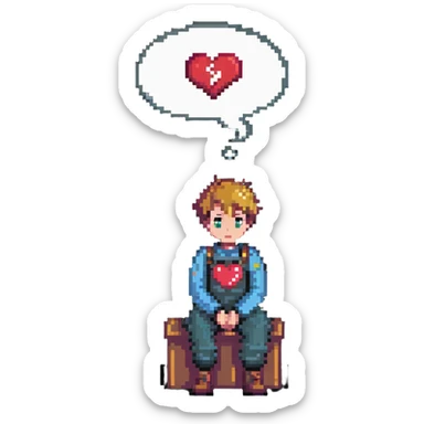 boy sitting, looking thoughtful, with a thought bubble containing a heart and question mark sticker