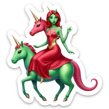 reptilian green alien woman, in long slim pastel red formal party satin dress with gradient shiny sparkling dark red, rides unicorn gold and white
 sticker