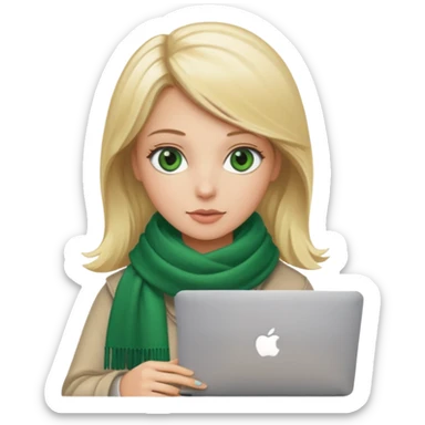 blond women skine , with green eyes , with scarf . with macbook sticker