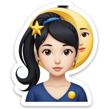 girl with black ponytail, sun, moon, star sticker