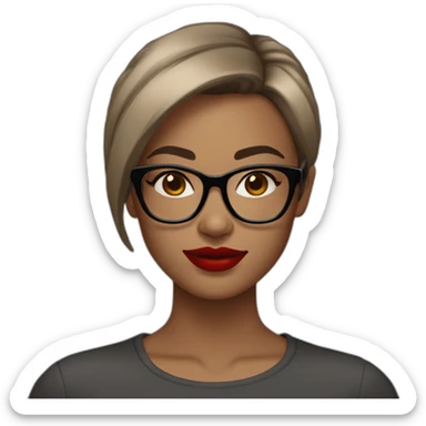 face of a 25 year old woman with short dark brown straight hair, bright red lipstick, eyeliner, and square light brown glasses sticker