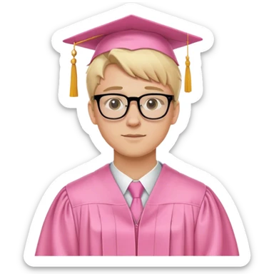 A blonde-haired young white man, wearing glasses, in the middle of his graduation with a pink theme sticker
