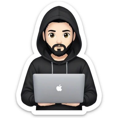 hackeur blanc cheveux noir barbe et capuche noir avec un macbook sticker