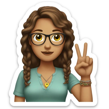 A white women with brown hair emoji with glasses, green eyes and doing the peace sign with bracelets around her wrists sticker