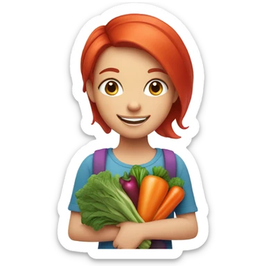 smiling girl with blue eyes red hair holding vegetables sticker