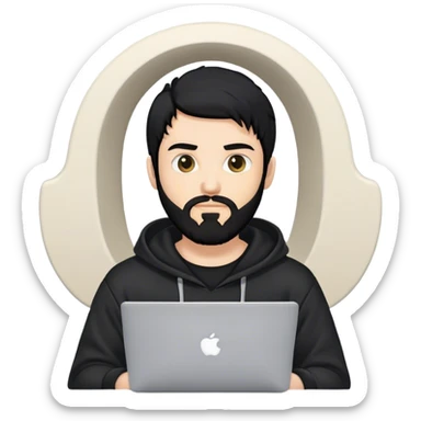 hackeur blanc cheveux noir barbe et capuche noir avec un macbook sticker