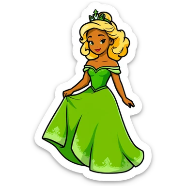 Disney Princess Tiana with super long blonde curly hair, green princess dress sticker