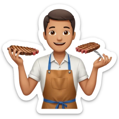 A cheerful man in an apron flipping meat on a sizzling grill with smoke puffing upward. sticker