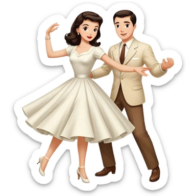 Beautiful woman in 1950’s woman fashion look, white dress, long dark brown hair, balboa couple dance  sticker