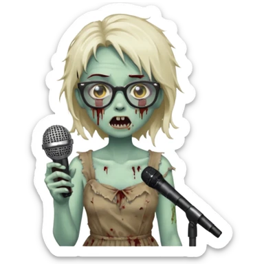 singer, Zombie girl, super happy, wearing dress, holding mic, glasses sticker