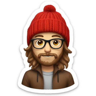 a hipster with brown hair, glasses, a beanie, with a red jacket on sticker