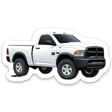 Heavy duty white Dodge ram truck three-quarter view with driver sticking his booted foot out  the window sticker