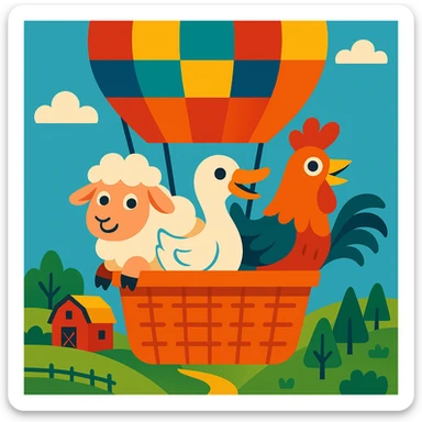a group of farm animals (sheep, duck, rooster) together in a hot air balloon, playful style, vibrant toon illustration sticker