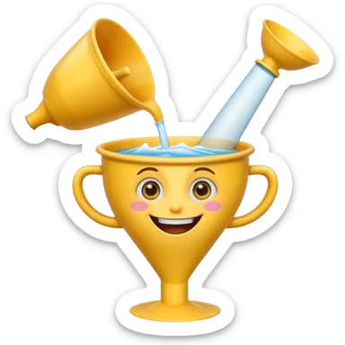 Crazy laughing emoji with an upside-down kitchen funnel on its head (not a hat), wide smile, big eyes, cartoon emoji style, bright colors. sticker