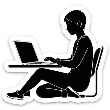 Minimalistic flat vector icon, iOS style, thin black contour on white background. Person silhouette sitting with a laptop, code brackets <> on the screen. Clean, no te sticker