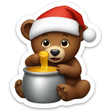 Brown bear wearing a Christmas hat eating a pot of honey sticker