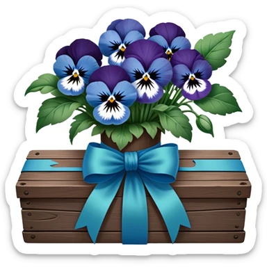 A beautifully tied deep green ribbon wrapped around a bouquet of soft blue pansies, displayed on an antique wooden table. sticker