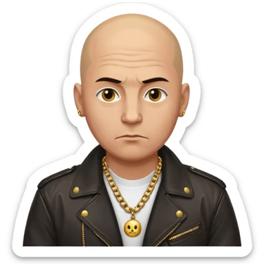 Bald Russian 1990s gangster emoji, leather jacket, gold chain, serious face sticker