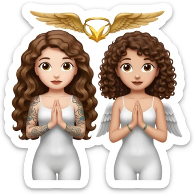 fake angel pose — long wavy brown hair tattooed woman and short tight curly brown hair woman — halo sparkle sticker