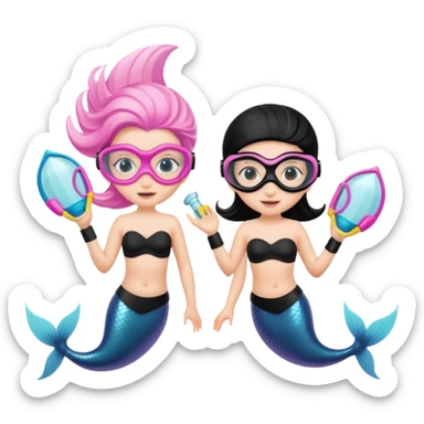 2 Mermaids one wearing a light pink snorkel mask and the other wearing black snorkel mask sticker
