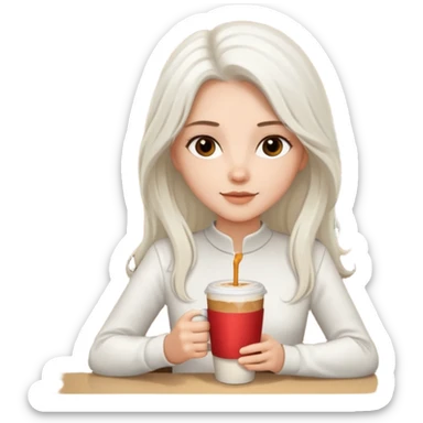 white long haired brunette with brown eyes and a white outfit, drinking a caramel machiatto sticker