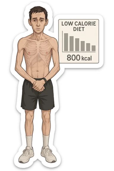 a lean man stands in a clinical setting, with a semi-transparent overlay showing reduced muscle mass and minimal fat stores. His expression is slightly fatigued, and a digital chart beside him displays a low daily calorie intake. The background is clean and modern, emphasizing the effects of a low-calorie diet. sticker