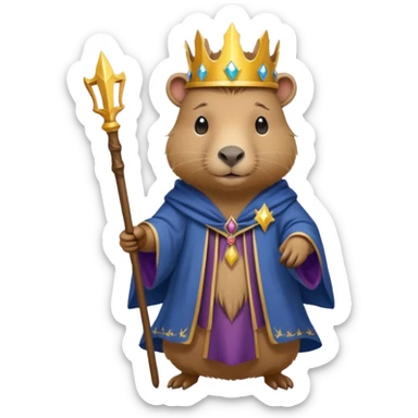 A mystical queen Capybara wearing a wizard robe and a wand sticker