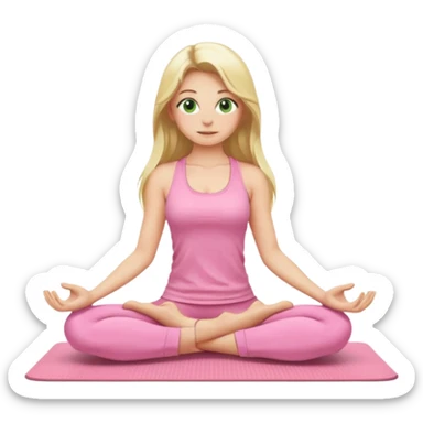 yoga girl with blonde long hair, green eyes, light pink clothes, sitting on a yoga mat with hands on knees, emoji style sticker