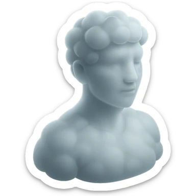 person looking straight, fully made of white fluffy convex clouds, shoulder up, matte glass style sticker
