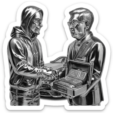 A white man with a goatee in a shiny chrome hoodie, shaking hands with a Chinese man, passing a briefcase of money, AMG car in the background. sticker