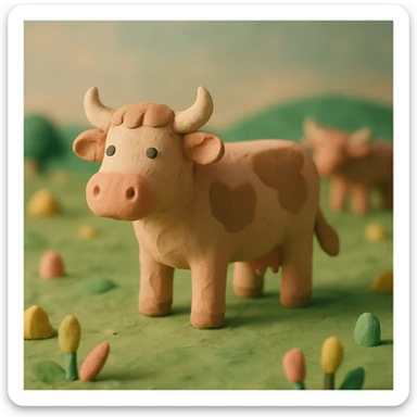 claymation style cattle standing in a field, visible fingerprints, pastel palette sticker
