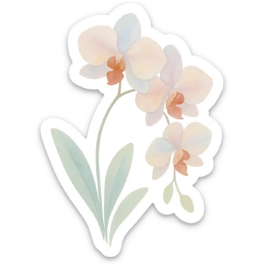 orchid with stem and leaves, luminous colors, gentle blending, realistic botanical illustration, watercolor art style sticker