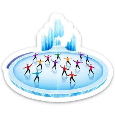 An icon of a theatrical ice show with costumed figure skaters performing a dramatic scene on a glowing ice stage. Spotlights, colorful scenery, and a cheering audience in a grand arena convey the magic and artistry of the ice performance. Transparent background included. sticker