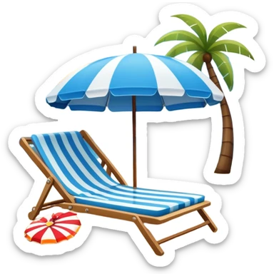 Icon for Beach Tourism: a sandy beach with a lounge chair, sun umbrella and flip-flops, ocean landscape in the background. The icon should capture the relaxation and fun of a beach vacation. Transparent background sticker