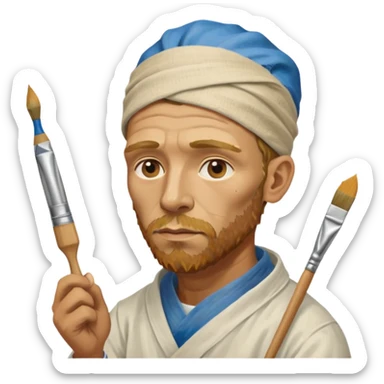 van gogh paints on a canvas. his ear is bandaged. sticker