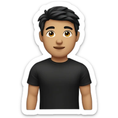 Youth man has a skin color of 6 from 10 white medium black hair and a light chin and wearing a black T-shirt sticker