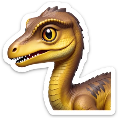 Cinematic Cute jurassic park Velociraptor Portrait Emoji, Head tilted playfully with a cheeky smirk, featuring a compact, agile form with smooth, dark scales and softened, expressive eyes that sparkle with mischievous charm, Simplified yet irresistibly adorable features, highly detailed, glowing with a warm, inviting prehistoric glow, high shine, affectionate and lively, stylized with a touch of whimsical dinosaur mischief, soft glowing outline, capturing the essence of a playful jurassic park Velociraptor that seems as if it could sprint out of the screen into your heart! sticker