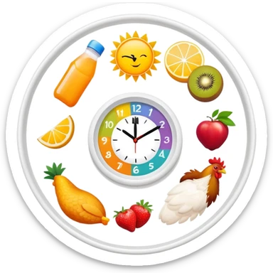 Daily fitness nutrition schedule with water bottle, sun, chicken and rice plate, gym equipment, yogurt, fruit, and sleep symbol arranged in a circle like a clock sticker