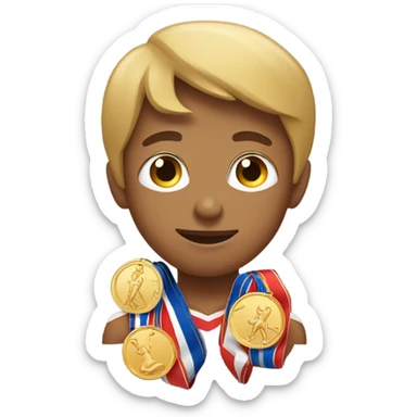 Boy with 5 of gold medals on his neck near the sailboat sticker