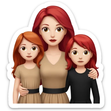 White woman in beige dress with long red hair and makeup with two kids in black clothes  sticker