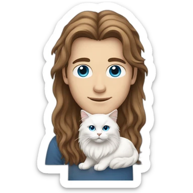 man with brown long hair and blue eyes holding a white Siberian cat sticker
