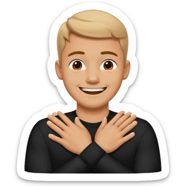 Man with hands gripped around neck crossed like he is choking while smiling sticker